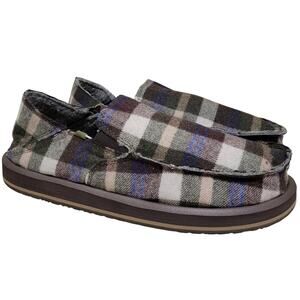 Sanuk Men Sidewalk Surfer ST Fleece Lined Loafers Size US 9 Green Brown Plaid